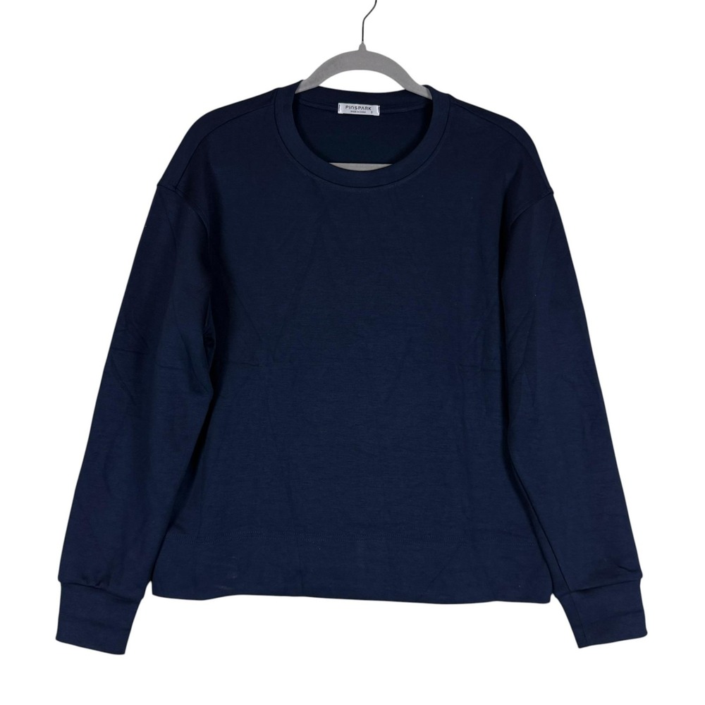 PINSPARK Shirt Womens Small Navy Blue Crewneck Long Sleeve Relaxed Top Pockets